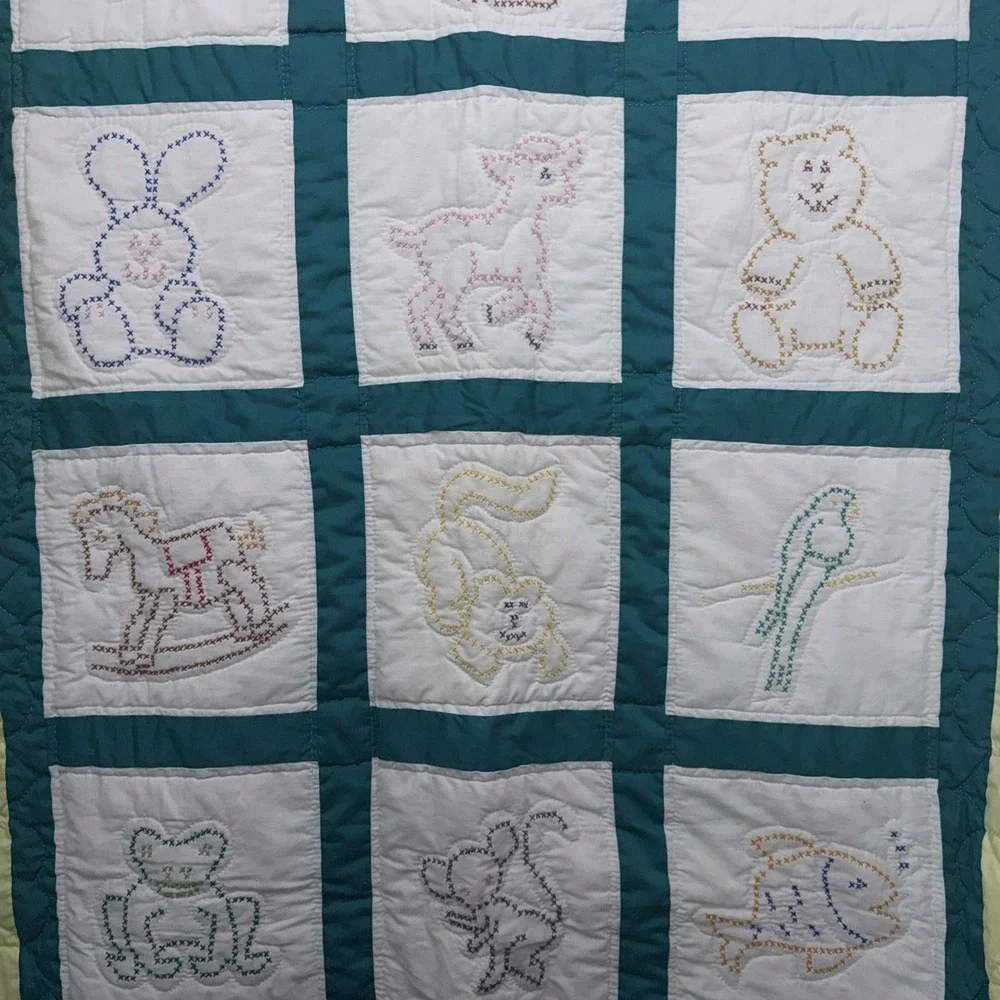 Vintage Cross Stitched‎ Baby Quilt Completed 55X42